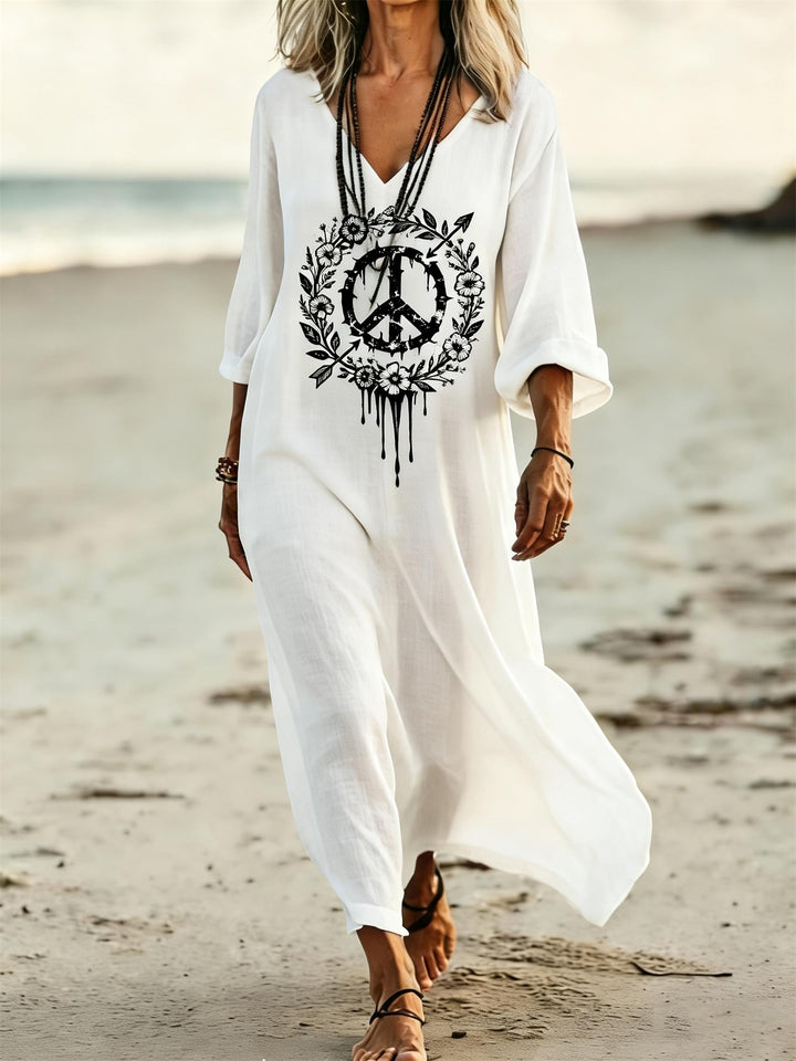 Gradient Peace Symbol Floral Print V-Neck Holiday Dress