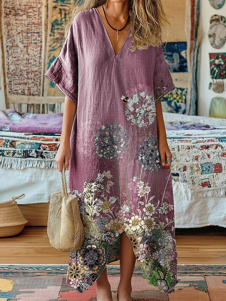 Smoky Purple Dandelion Print V-Neck Long Dress