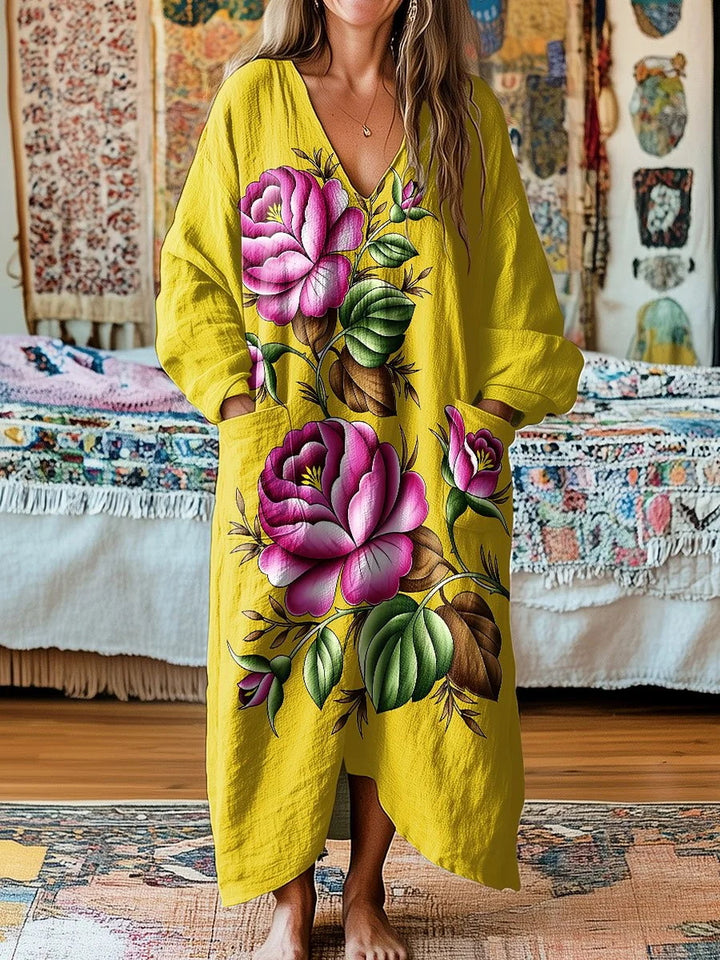 Bright Yellow Peony Printed Loose V-Neck Pocket Dress