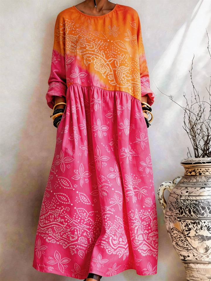 Orange Powder Gradient Floral Print Pocket Dress