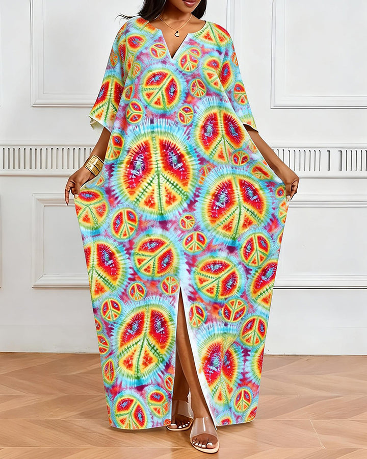 Rainbow Tie-Dye Peace Symbol Print V-Neck Elegant Dress