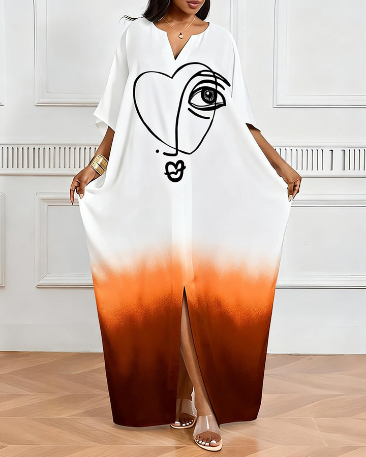 Orange White Gradient Love Face Print V-Neck Elegant Dress