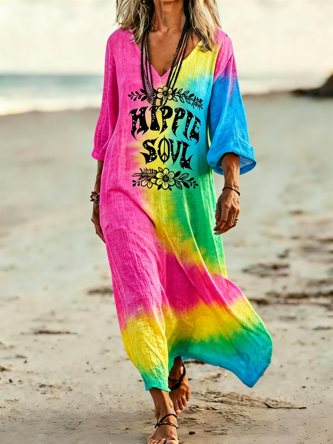 Gradient HIPPIE SOUL Printed V-Neck Holiday Dress