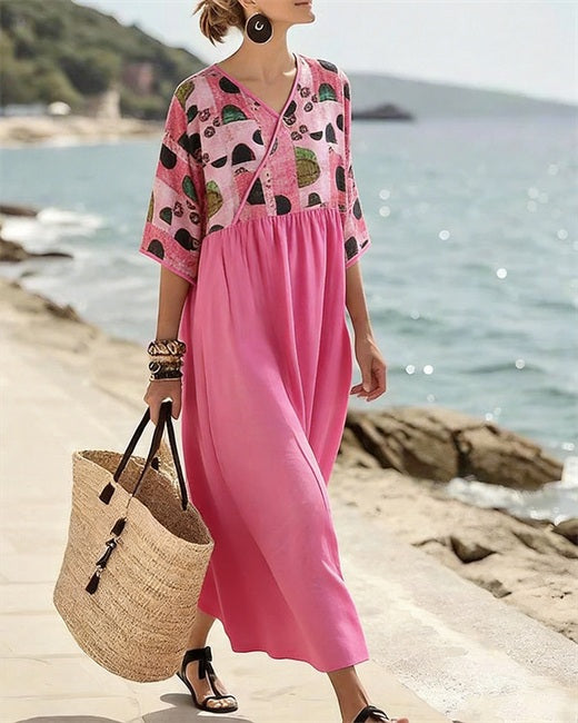 Pink Green Geometric V-Neck Dress