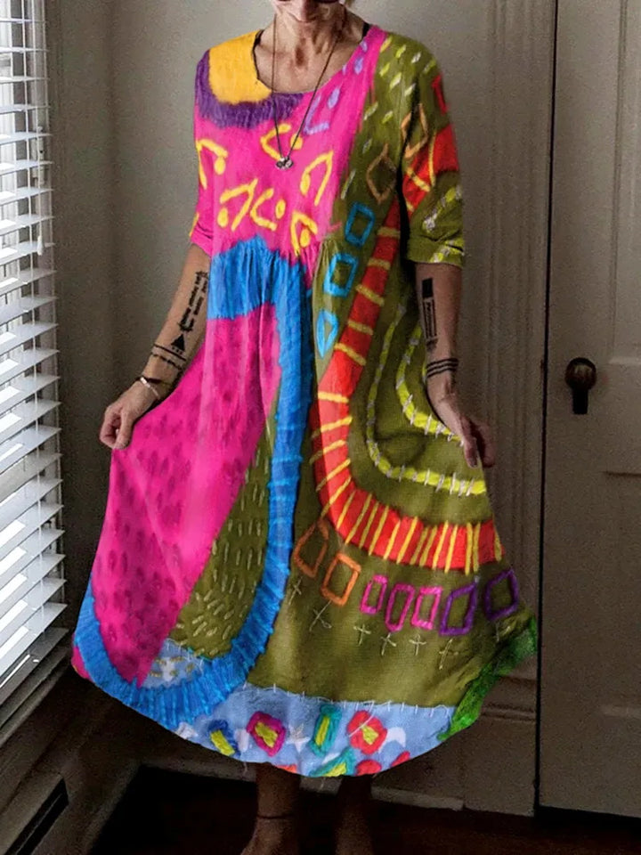 Dopamine Contrast Hand-Painted Round Neck Loose Dress