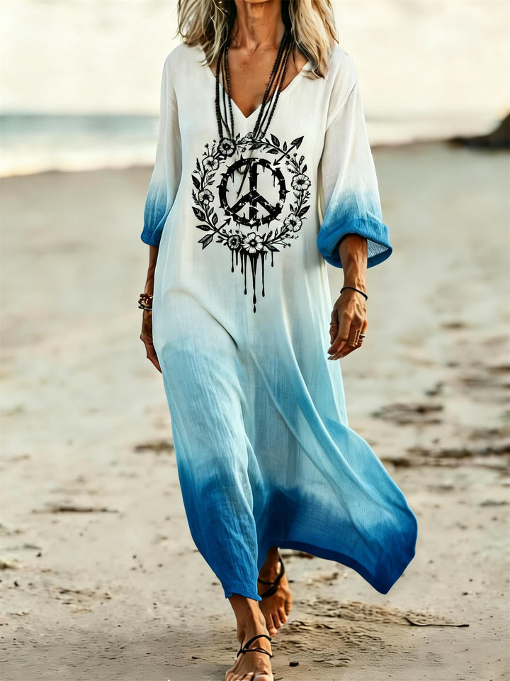 Gradient Peace Symbol Floral Print V-Neck Holiday Dress