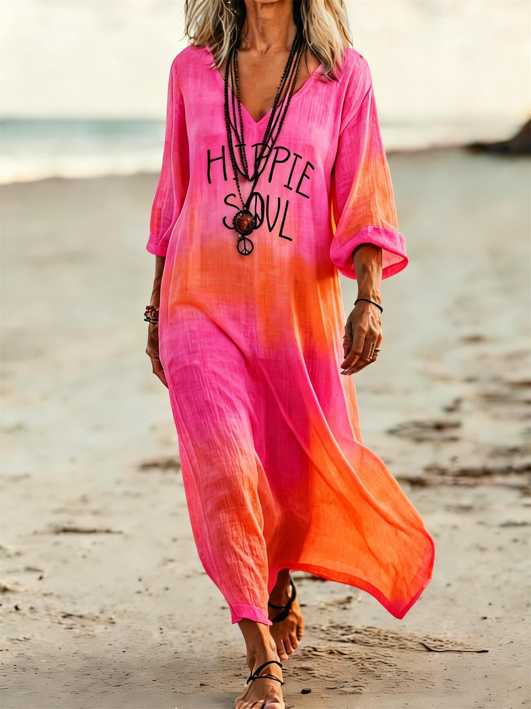 HIPPIE SOUL Peace Symbol Printed V-Neck Holiday Dress