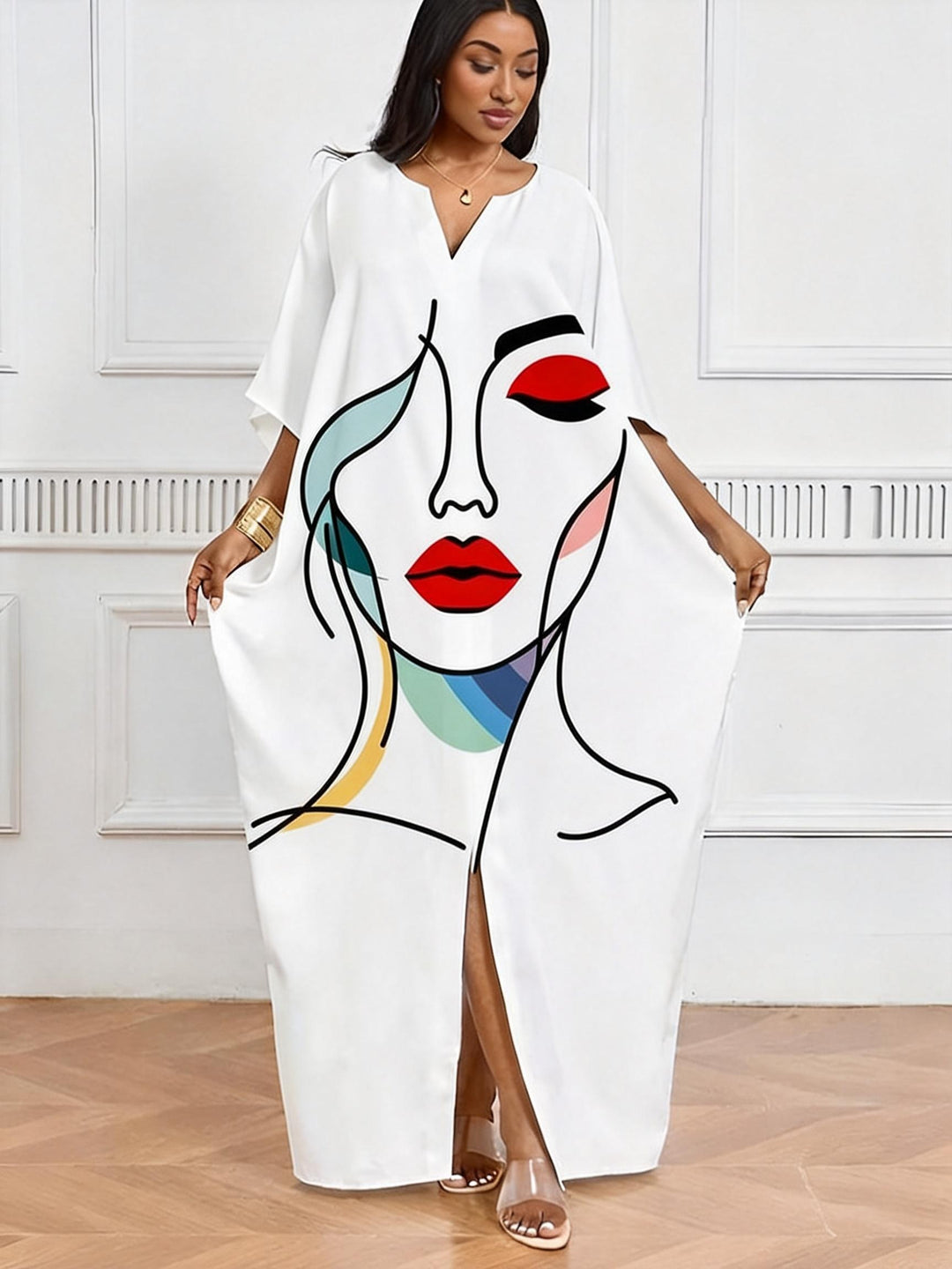 Minimalist Art Face V-Neck Casual Elegant Dress