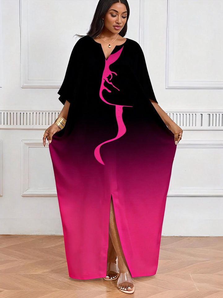 Black Powder Gradient Abstract Face Line V-neck Casual Elegant Dress