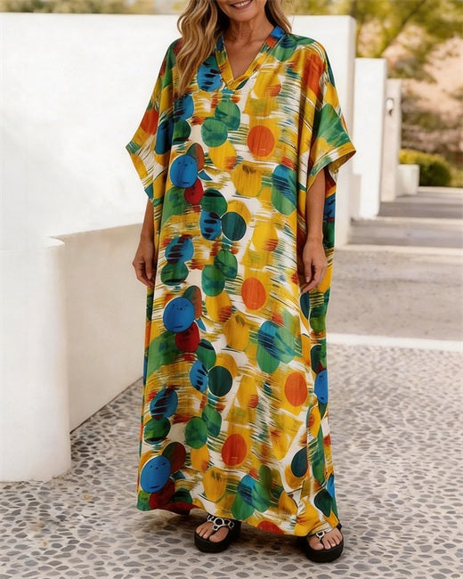 Colorful Polled V-neck Cotton-linen Loose Dress