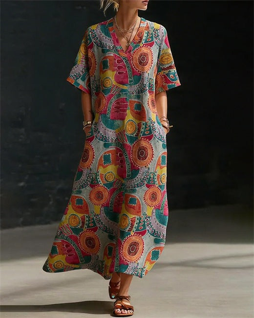 Vintage Ethnic Abstract Print V-Neck Dress