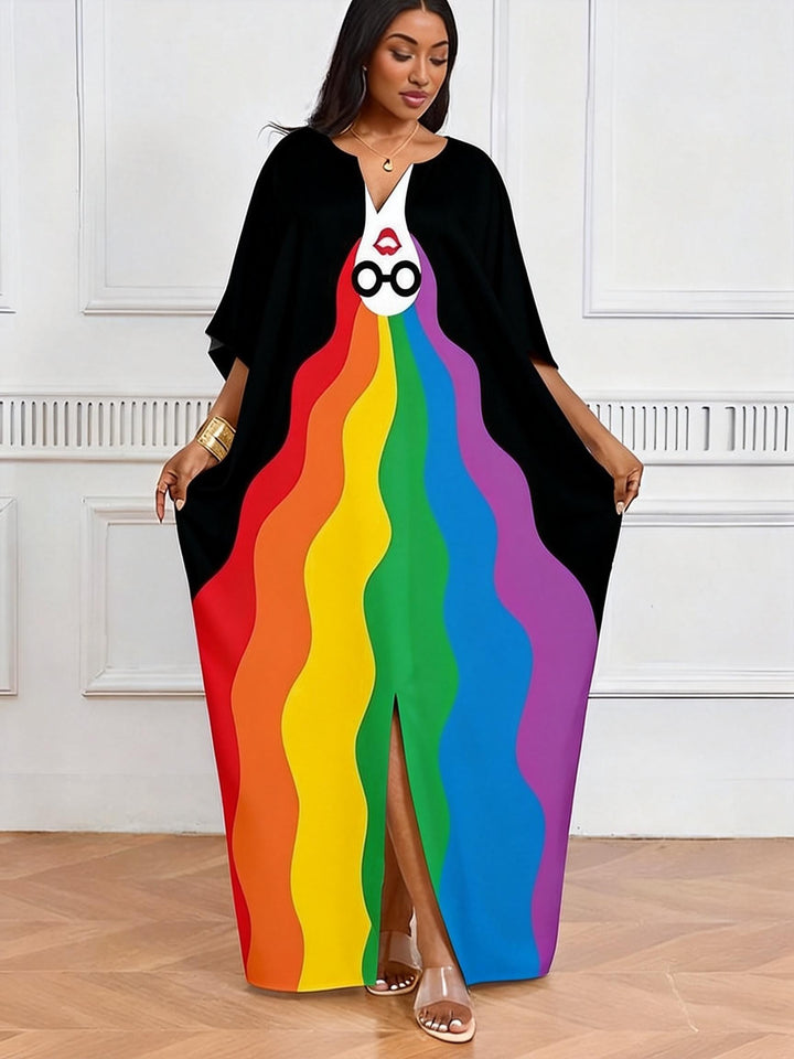 Rainbow Wave Face V-neck Casual Elegant Dress