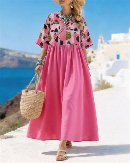 Pink Green Geometric V-Neck Dress