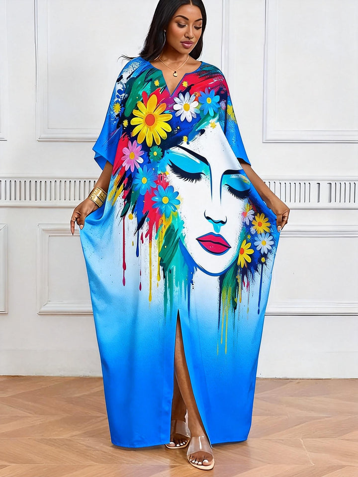 Painted Flower Face Gradient V-Neck Casual Elegant Dress