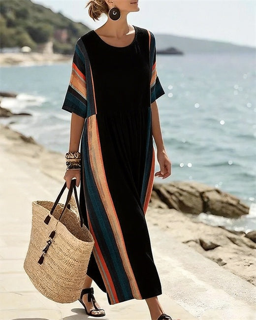 Black Contrast Striped Loose Dress