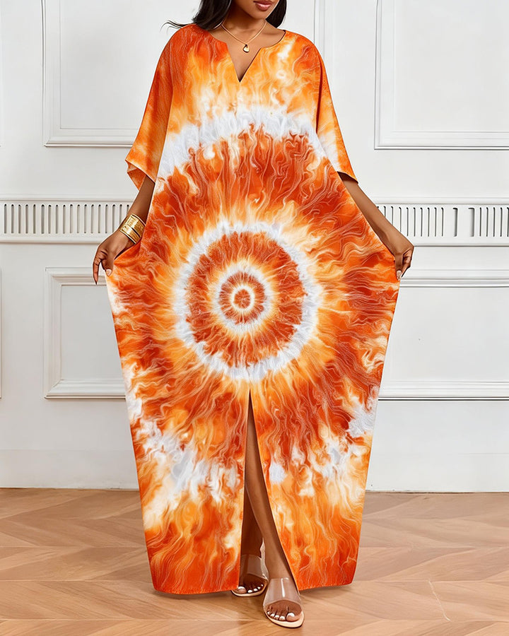 Orange White Spiral Tie-Dye V-Neck Elegant Dress