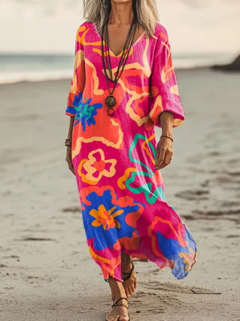 Contrast Abstract Floral Print V-neck Holiday Dress