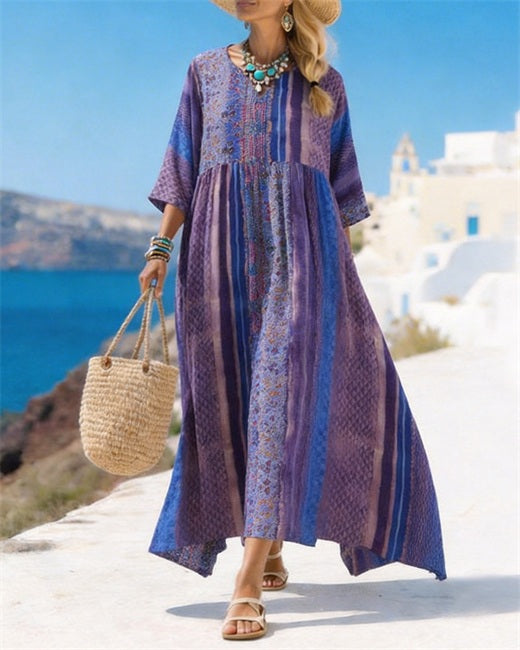 Purple And Blue Ethnic Style Stitching Mid-sleeve Large-swing Dress