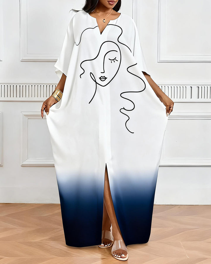 Blue And White Gradient Wave Line Face Print V-Neck Elegant Dress