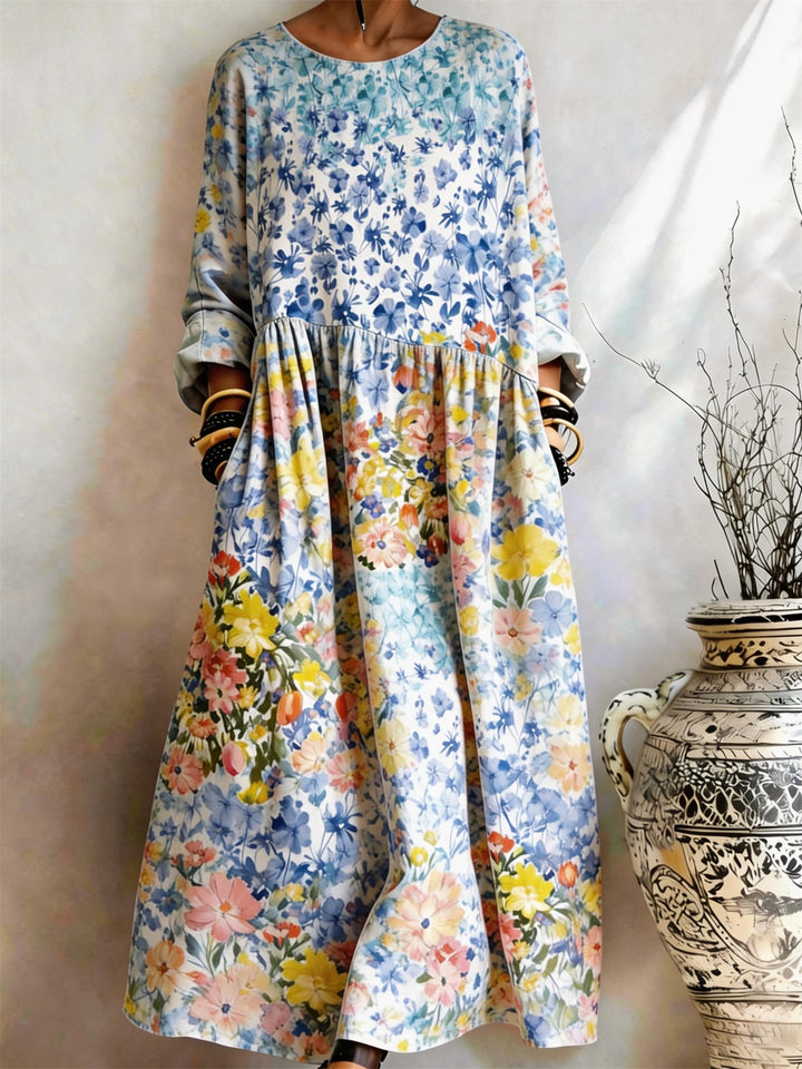 Blue Base Watercolor Floral Print Pocket Dress