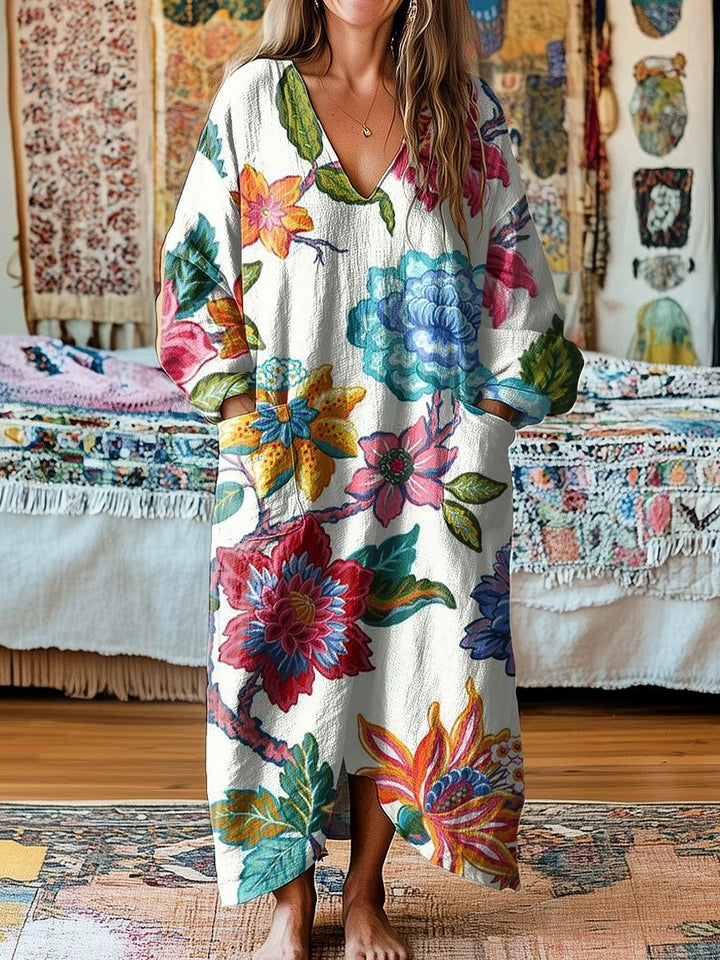 White Background Colorful Large Flower Print Loose V-neck Pocket Dress