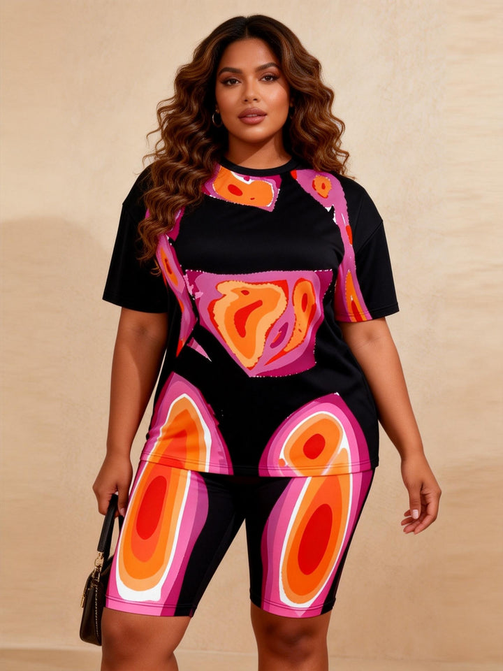 Pink Orange Gradient Geometric Figure Print Casual Shorts Set