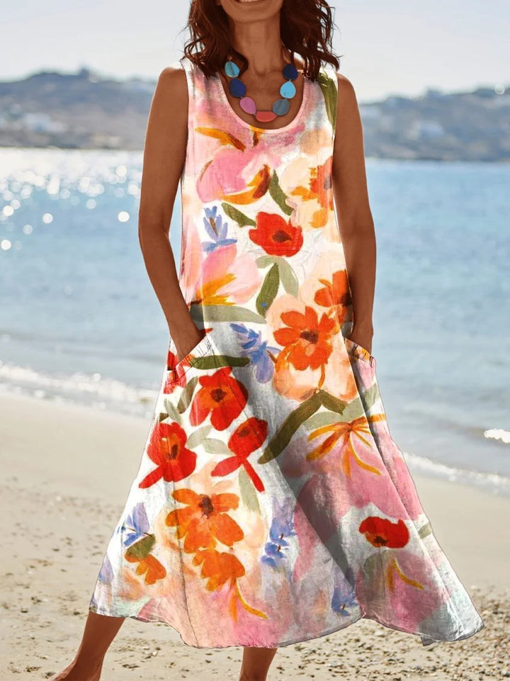 Contrast Floral-Print Pocket Crewneck Dress