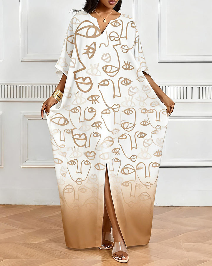 Khaki Gradient Abstract Face Print V-Neck Elegant Dress