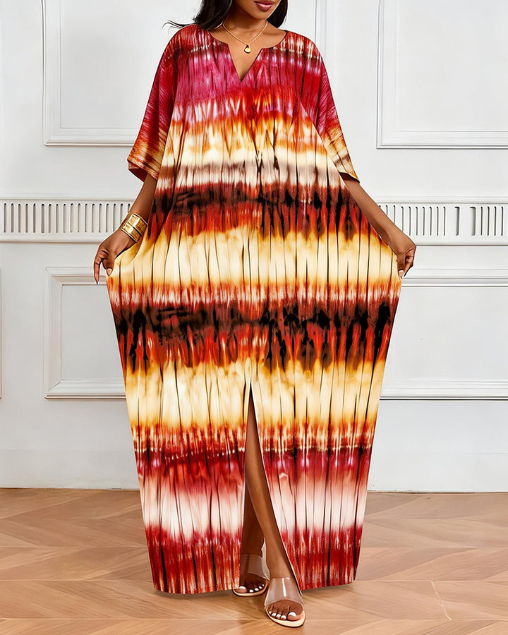 Red-Brown Gradient Stripe Tie-Dye V-Neck Elegant Dress