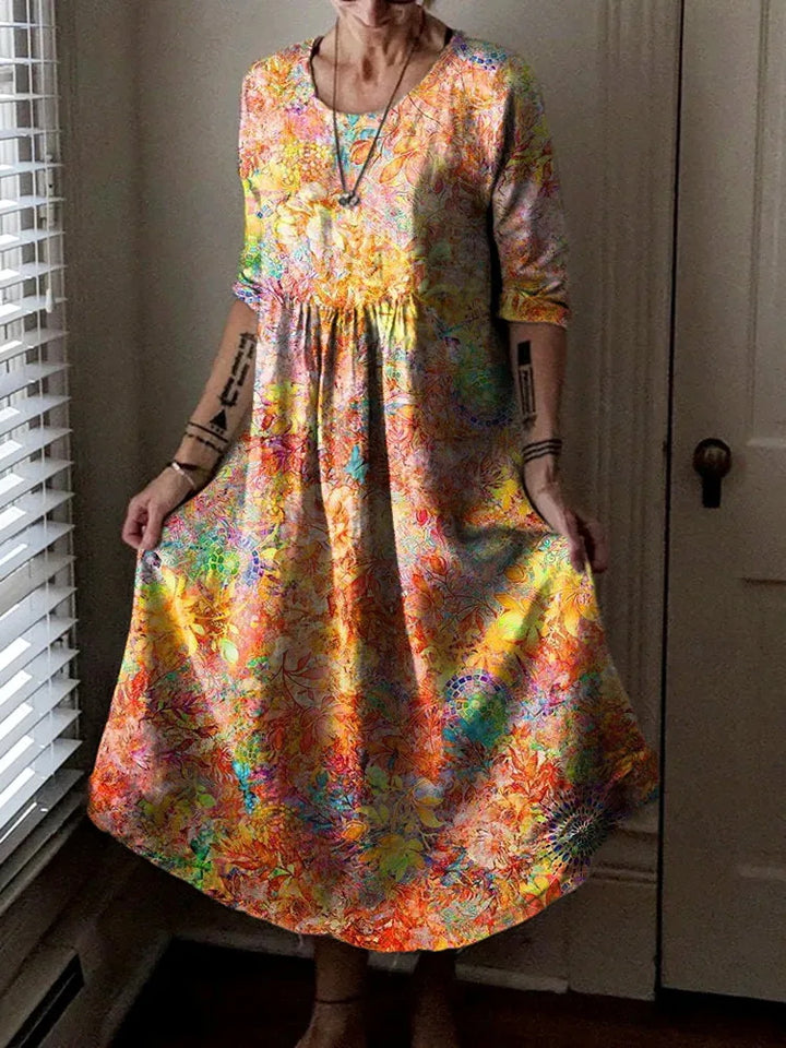 Fantasy Floral-Print Round Neck Loose Dress