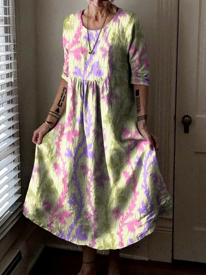 Fresh Pink Green Abstract Floral Print Round Neck Loose Dress