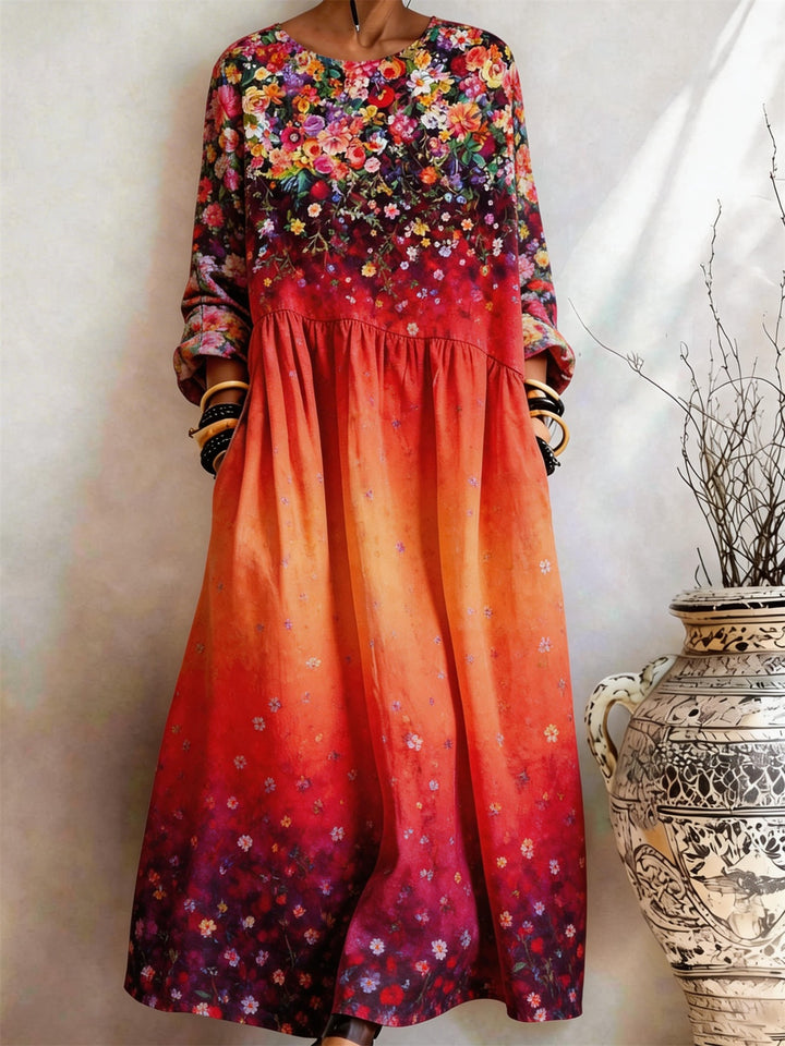 Red And Orange Gradient Floral Star Print Pocket Dress