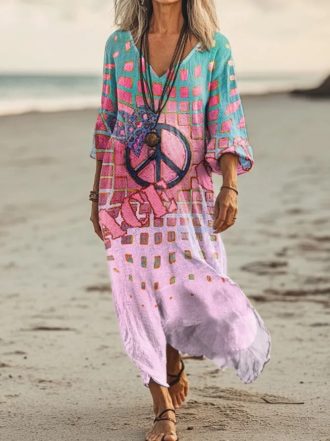 Gradient Plaid And Peace Symbol Printed V-Neck Getaway Dress