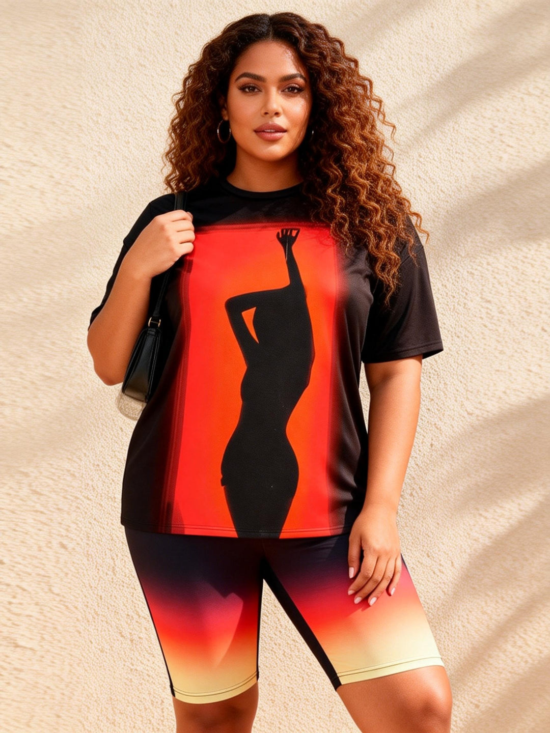 Gradient Dancer Silhouette Print Casual Shorts Set