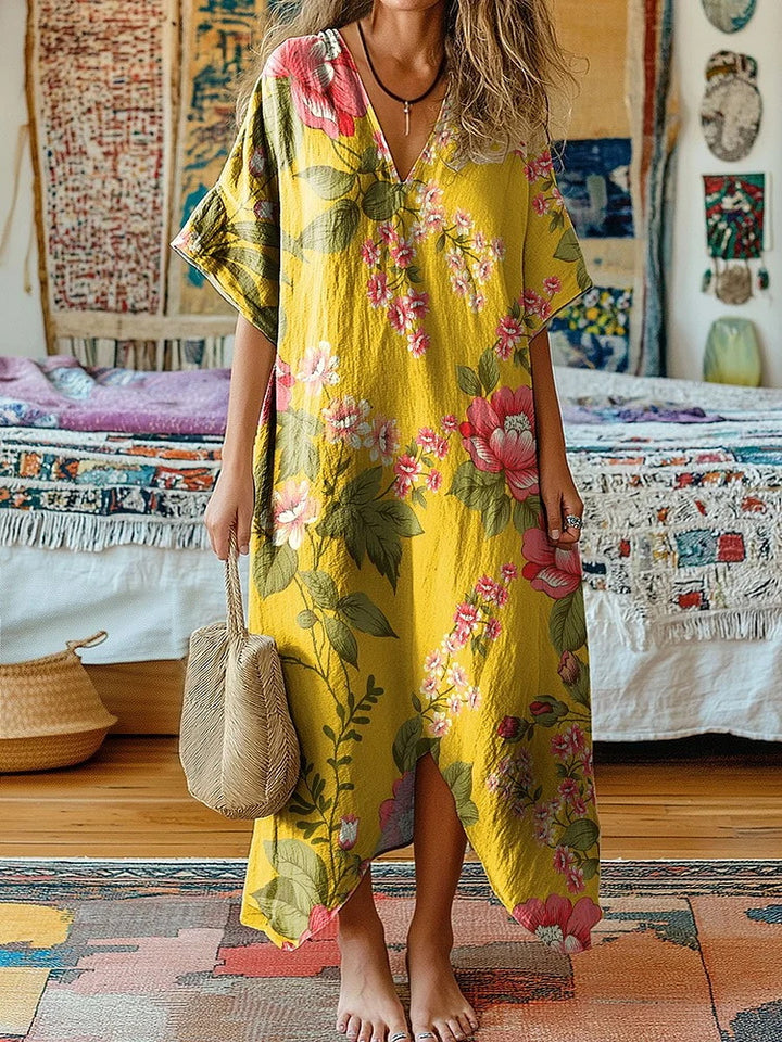 Vintage Rose Flower Print V-Neck Long Dress