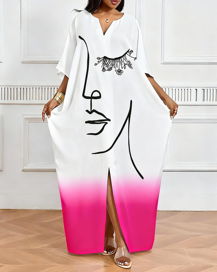 Pink White Gradient Single Line Face Print V-Neck Elegant Dress