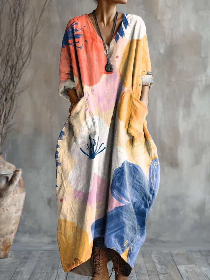 Abstract Watercolor Floral Print Loose V-neck Pocket Dress