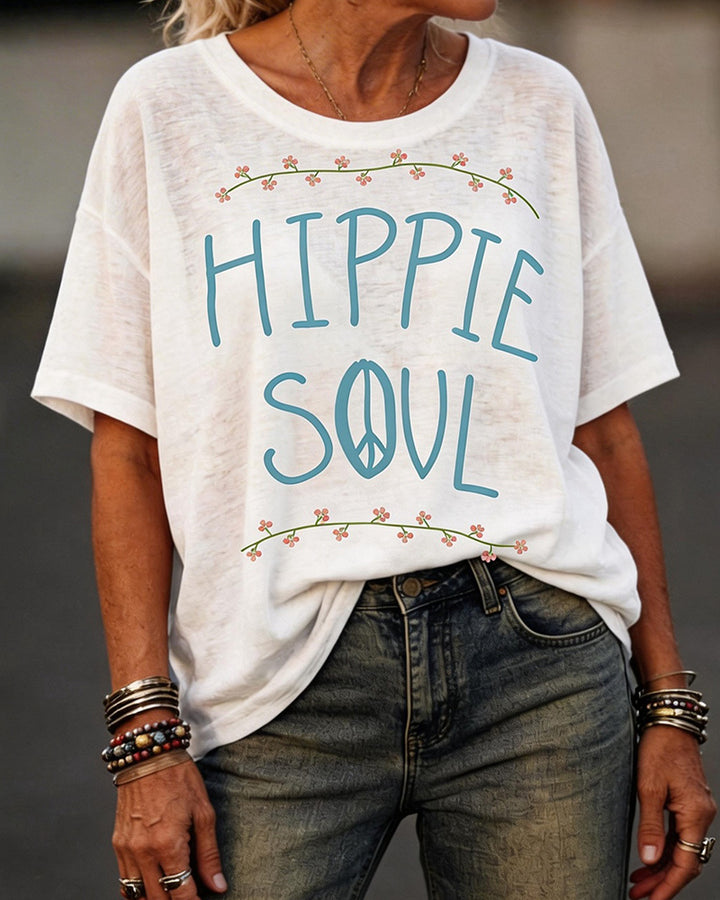 Hippie Soul Flower And Peace Symbol Printed Tee