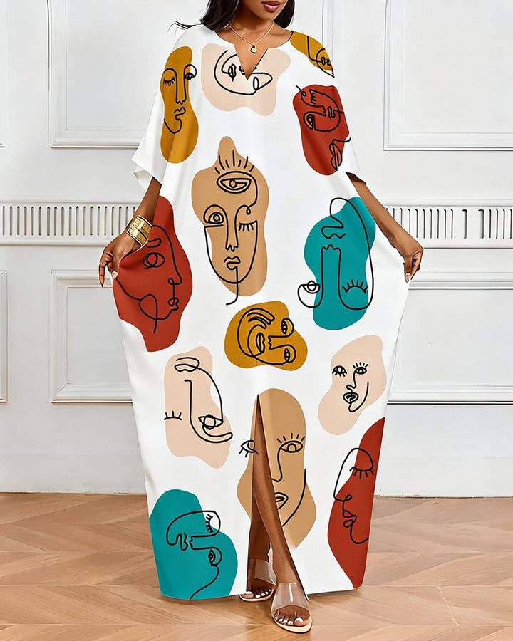 Colorful Abstract Face Print V-Neck Elegant Dress