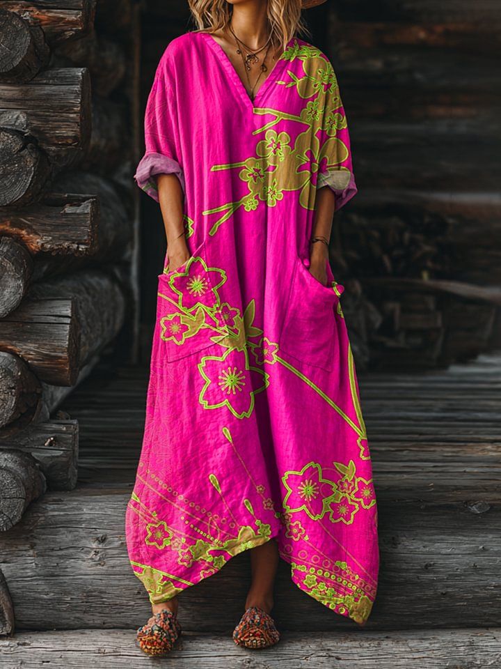 Rose-red Fluorescent Floral Print Loose V-neck Pocket Dress