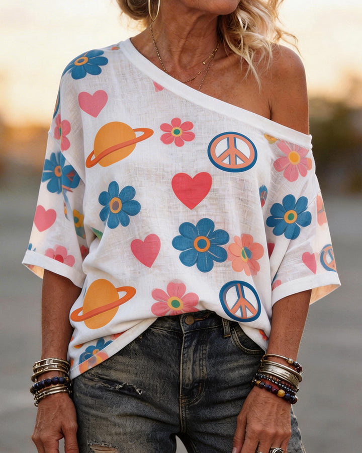 Vintage Flower Planet Peace Symbol Full Print Shoulder Shoulder Tee