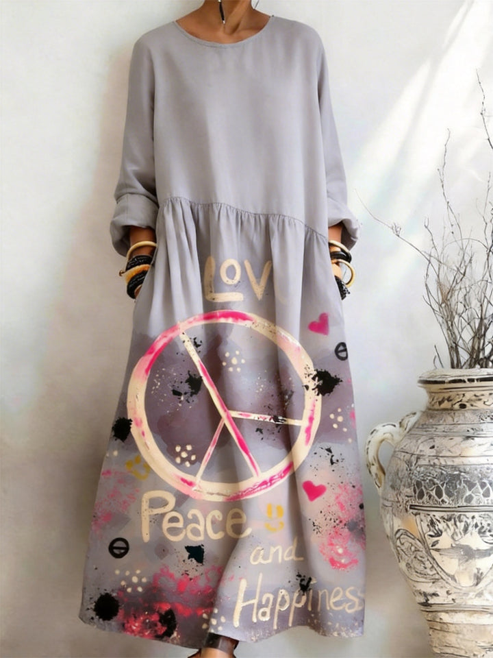 Grey Bottom Peace Symbol Love Peace Printed Pocket Dress