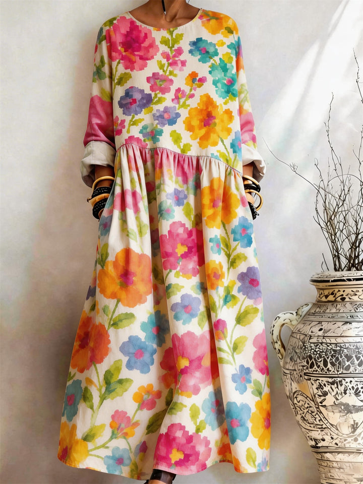 Large Watercolor Floral Print Pocket Dress On White Bottom