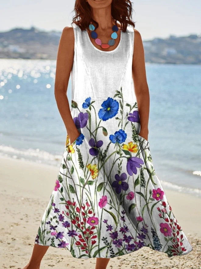 Floral Watercolor Print Pocket Crewneck Vest Dress