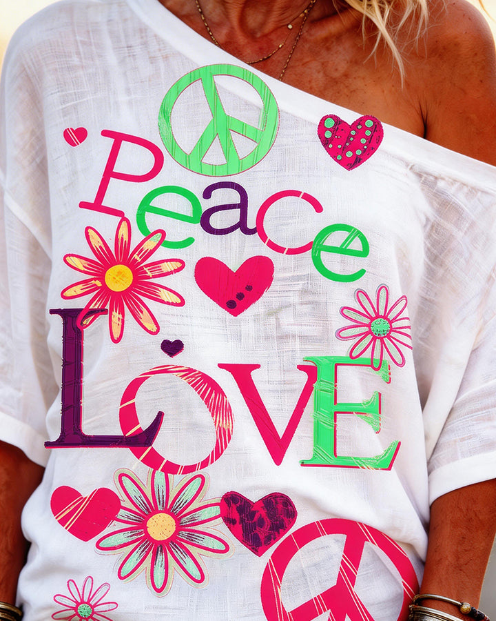 Peace & Love Flower Love Shoulder Shoulder T-shirt