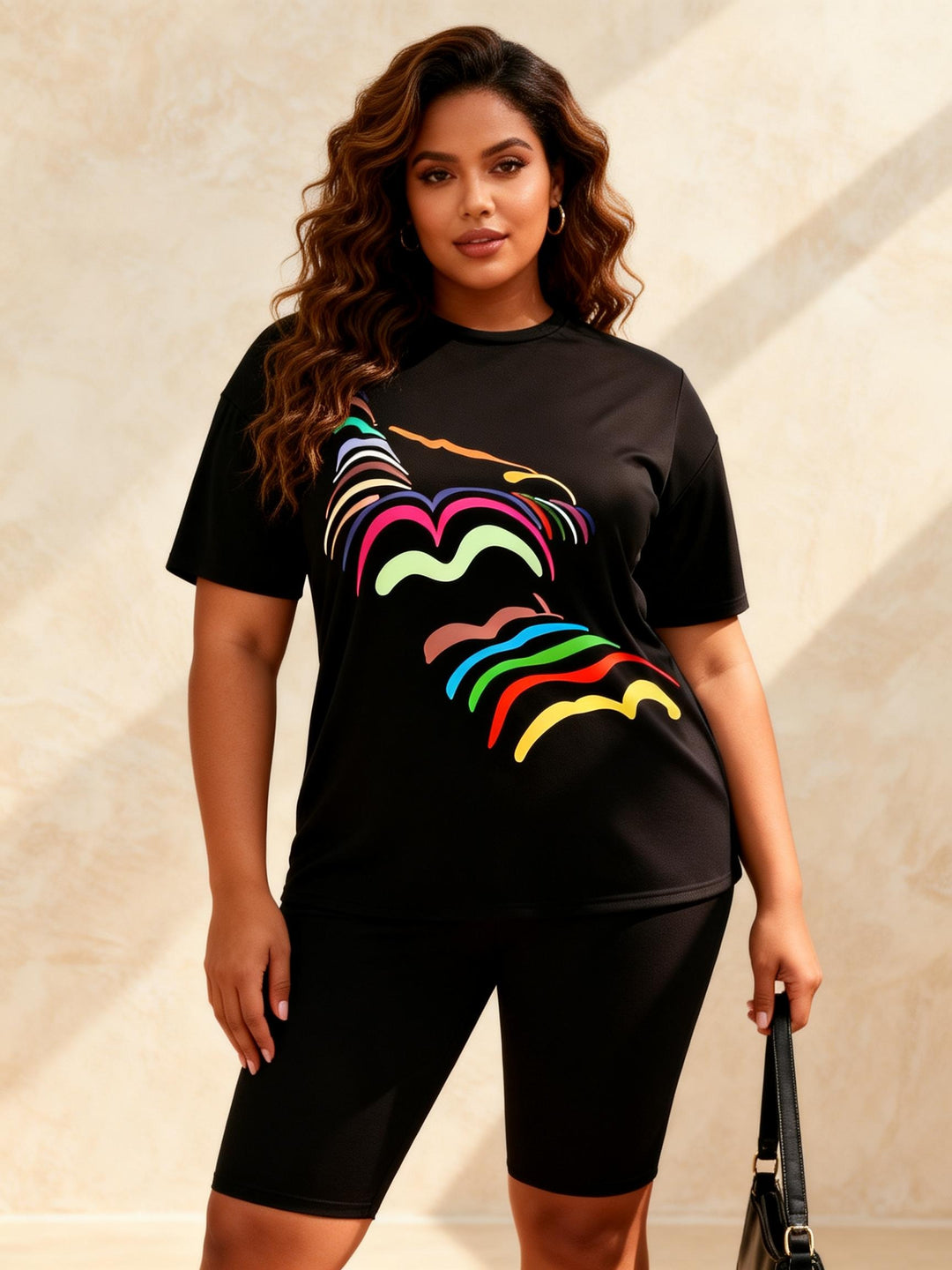 Rainbow Line Print Casual Shorts Set