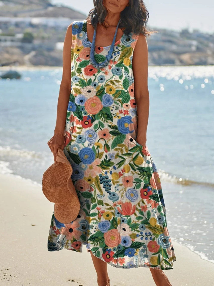 Retro Floral Print Pocket Crew Neck Vest Dress