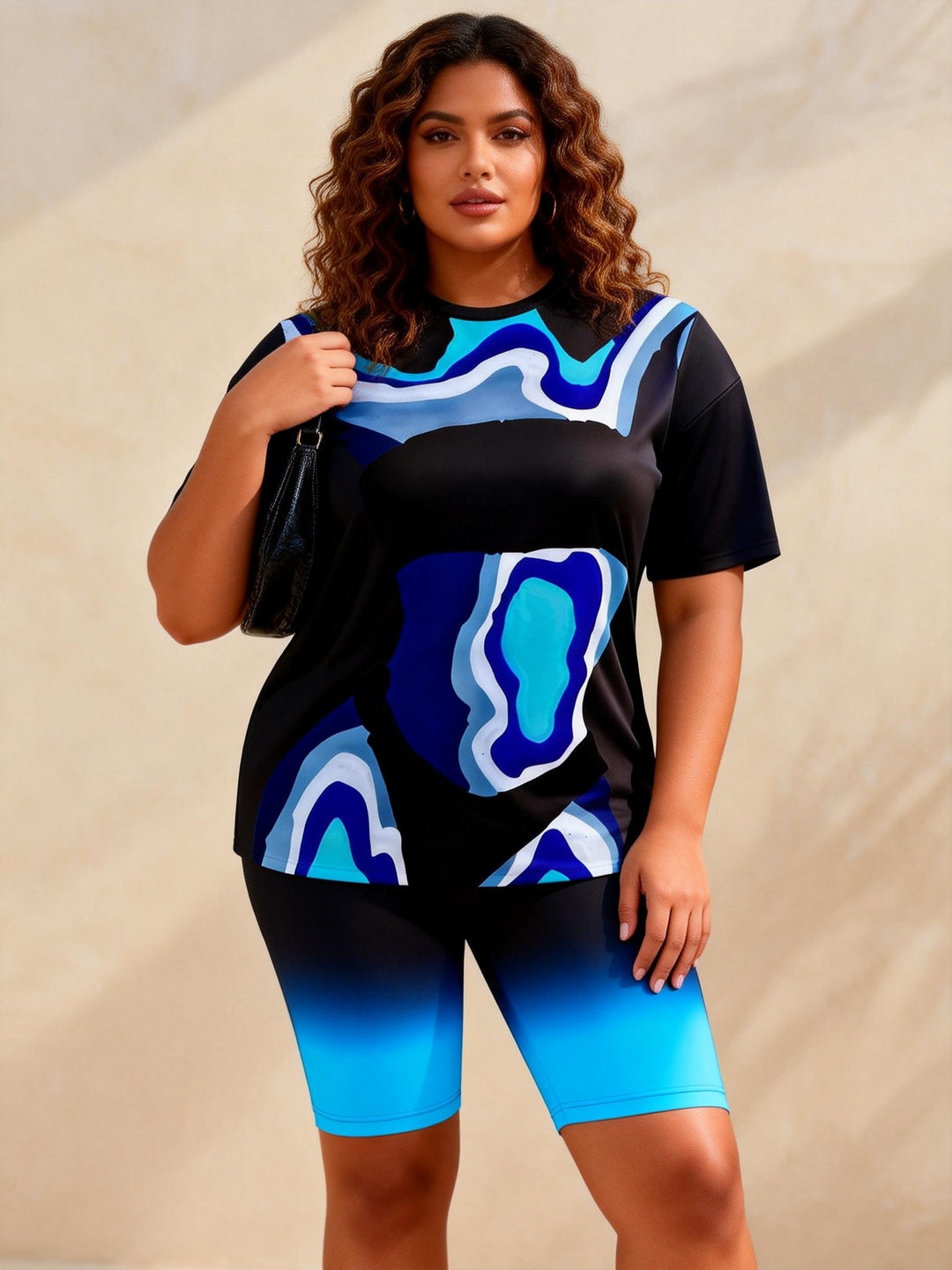 Black Blue And White Laminated Abstract Printed Casual Shorts Set