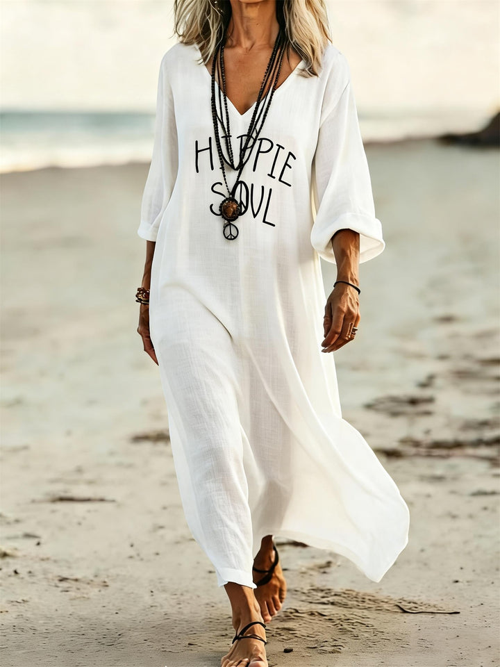 HIPPIE SOUL Peace Symbol Printed V-Neck Holiday Dress