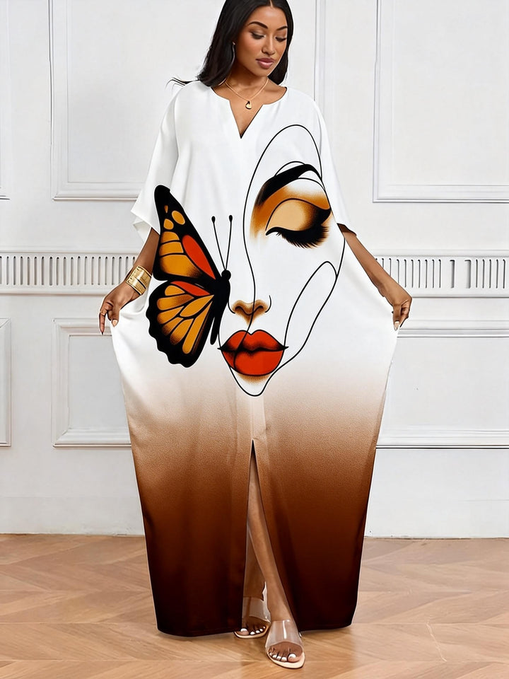 Gradient Brown Butterfly Face Line V-neck Casual Elegant Dress